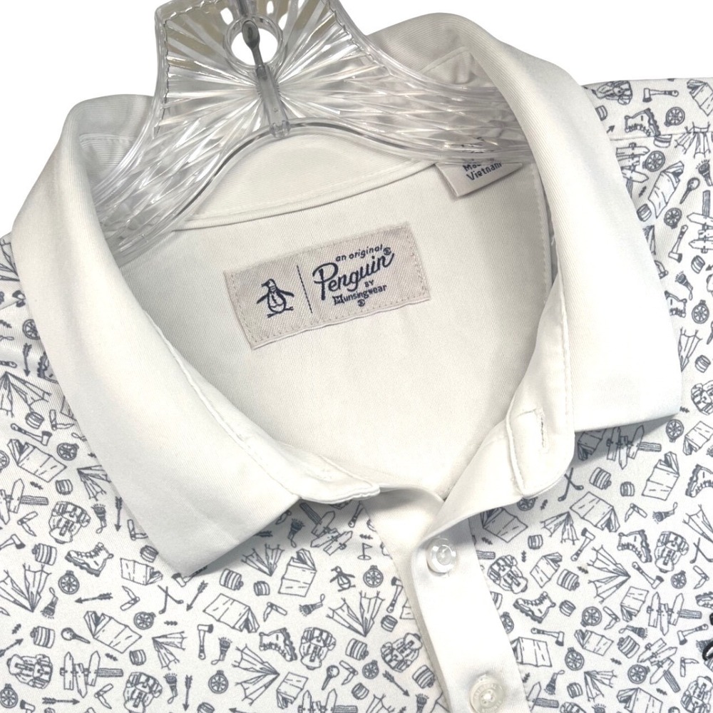 Original Penguin Mens White Camping Print Polo Shirt Short Sleeve Size L